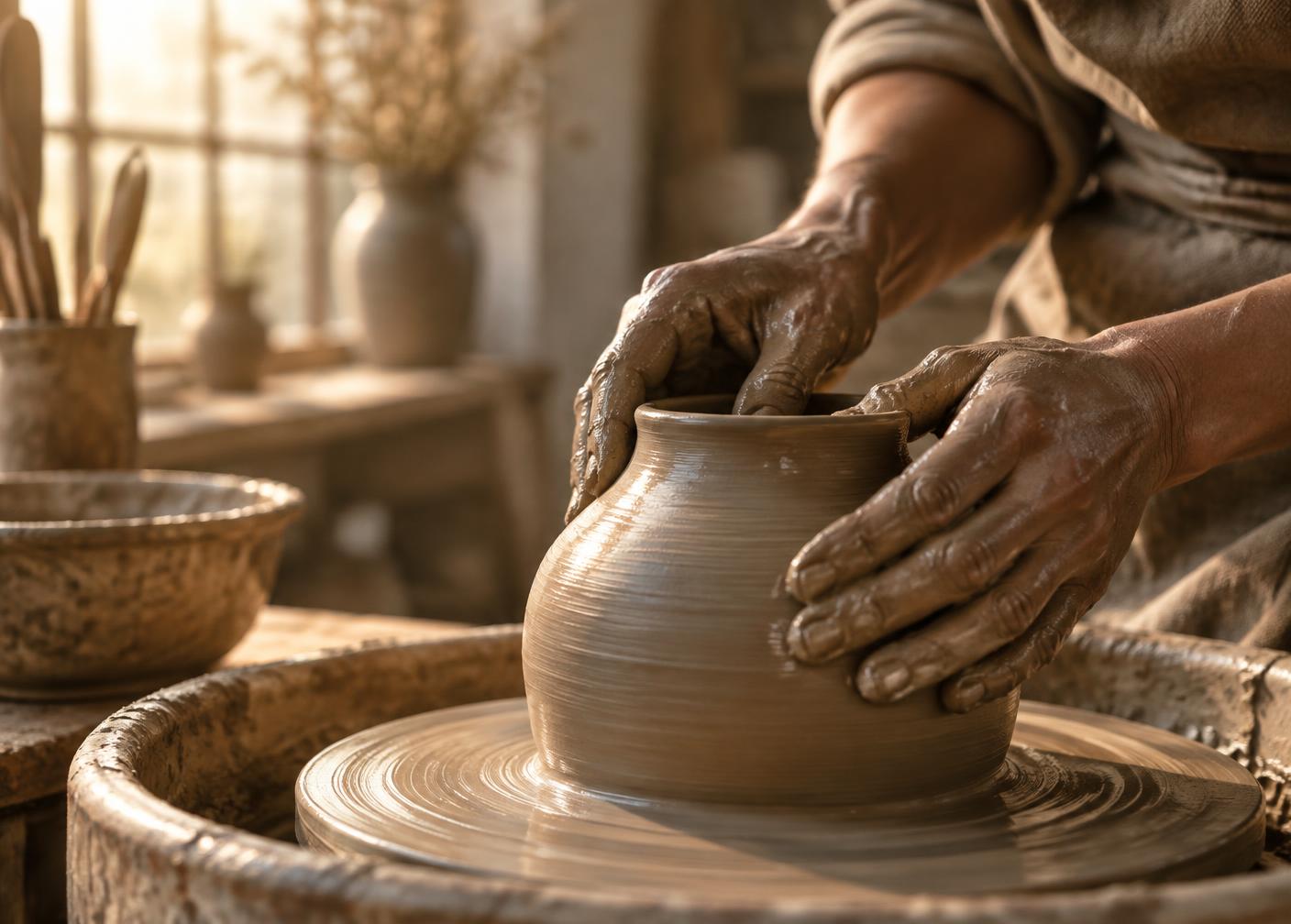 A potter's hands shaping a clay vessel on a wheel in warm morning light